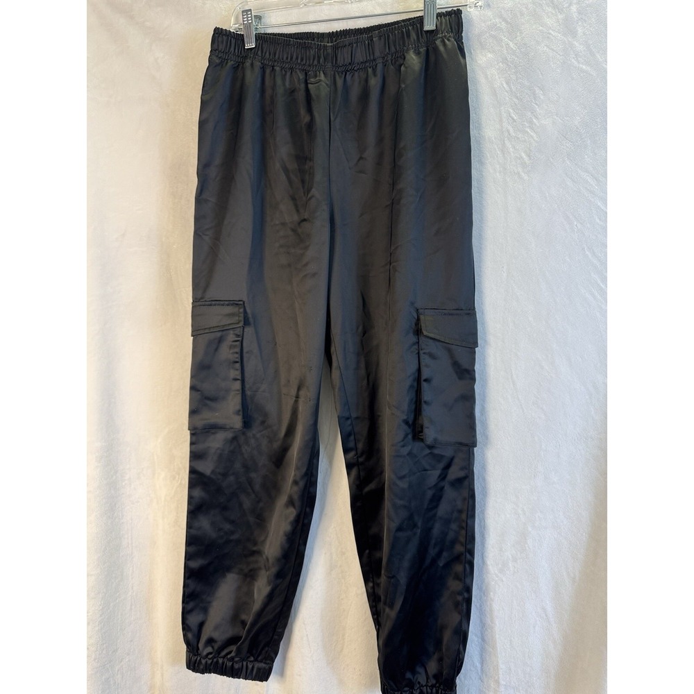 WD.NY Women Black Satin Cargo Pants Elastic Waist And Hem Pockets Sz Large